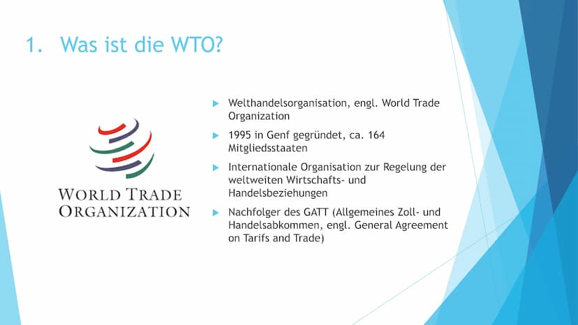 Die WTO -
Hüterin des Welthandels?
Präsentation von Darja Tkatsch und Elena Rüll Gliederung
1. Was ist die WTO?
2. Was sind ihre Aufgaben un
