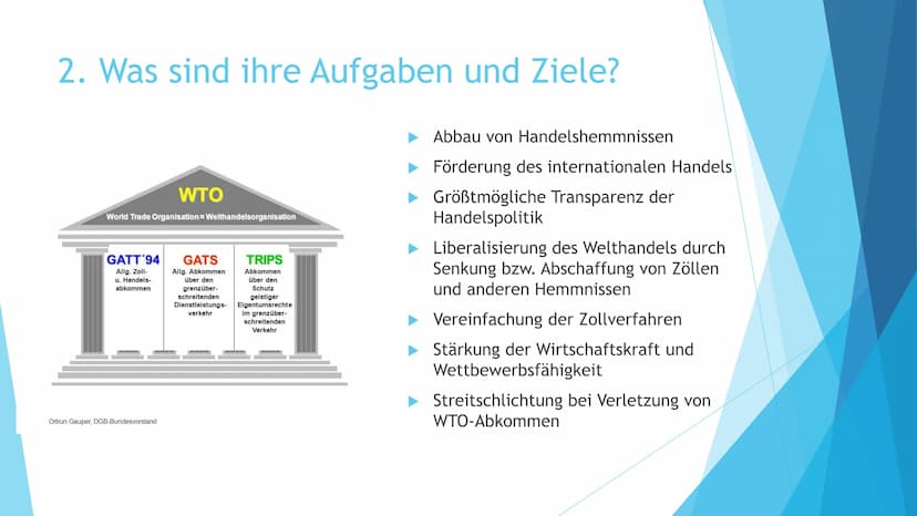 Die WTO -
Hüterin des Welthandels?
Präsentation von Darja Tkatsch und Elena Rüll Gliederung
1. Was ist die WTO?
2. Was sind ihre Aufgaben un