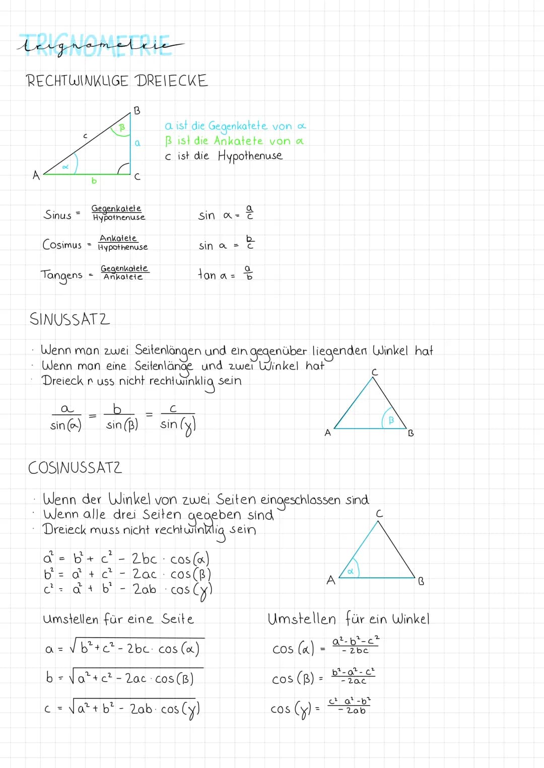 teignamatlie
RECHTWINKLIGE DREIECKE
A
Sinus
=
Cosimus
Tangens
b
=
b
B
B
Gegenkatete
Hypothenuse
= a
a
b²+ c²
b² = a² + c²
C²
a + b²
с
Ankate