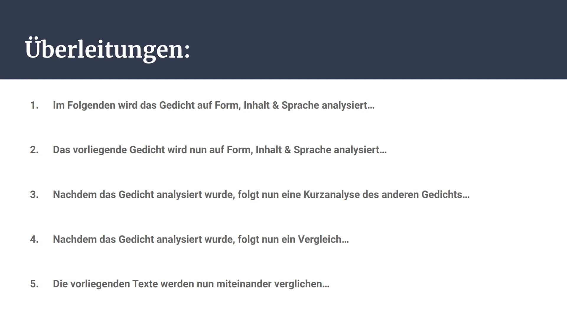 Lyrik Inhaltsverzeichnis:
1.
2.
Formaler Aufbau
Aufbau einer Gedichtanalyse &
Gedichtvergleich
Schwerpunkt: Analyse
Überleitungen
Schwerpunk