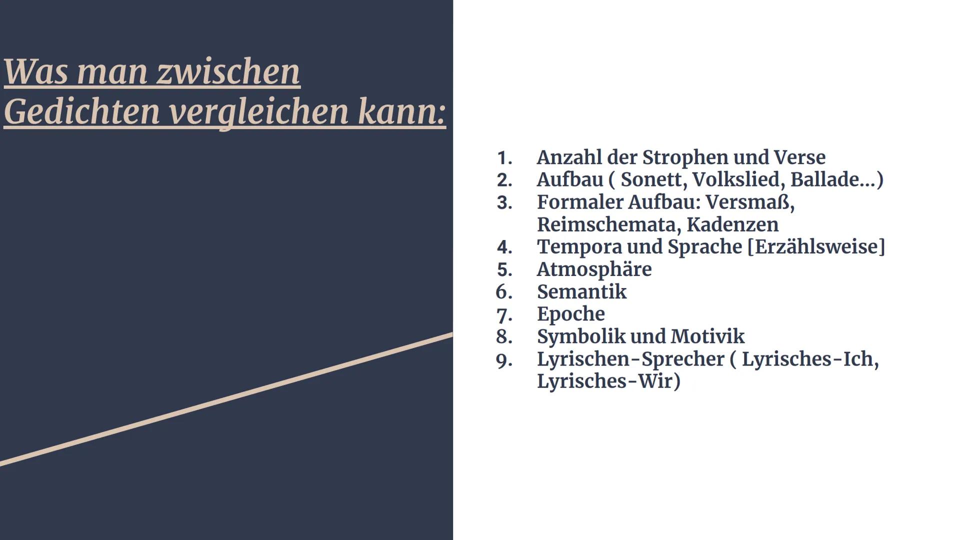 Lyrik Inhaltsverzeichnis:
1.
2.
Formaler Aufbau
Aufbau einer Gedichtanalyse &
Gedichtvergleich
Schwerpunkt: Analyse
Überleitungen
Schwerpunk