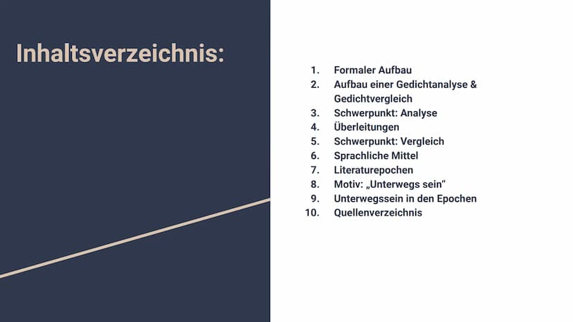 Lyrik Inhaltsverzeichnis:
1.
2.
Formaler Aufbau
Aufbau einer Gedichtanalyse &
Gedichtvergleich
Schwerpunkt: Analyse
Überleitungen
Schwerpunk