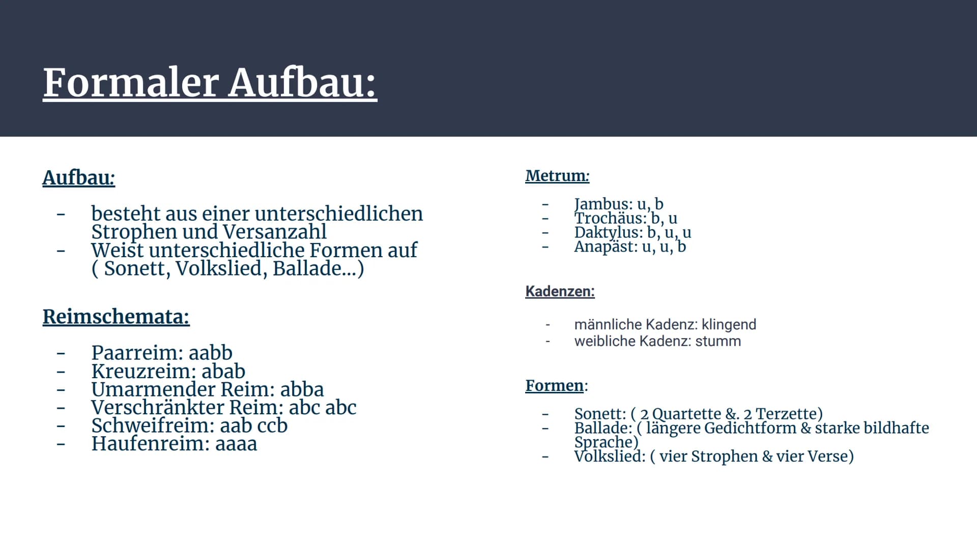 Lyrik Inhaltsverzeichnis:
1.
2.
Formaler Aufbau
Aufbau einer Gedichtanalyse &
Gedichtvergleich
Schwerpunkt: Analyse
Überleitungen
Schwerpunk