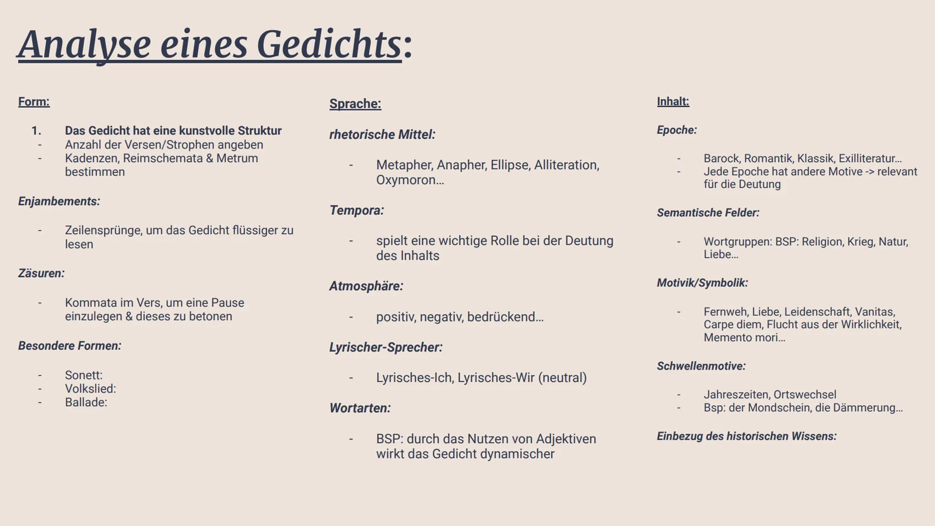 Lyrik Inhaltsverzeichnis:
1.
2.
Formaler Aufbau
Aufbau einer Gedichtanalyse &
Gedichtvergleich
Schwerpunkt: Analyse
Überleitungen
Schwerpunk