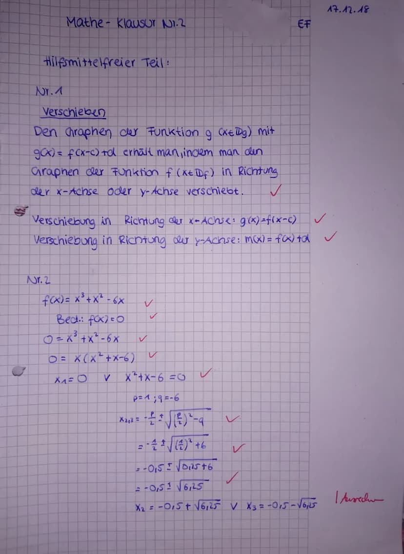 Mathematik
Klausur Nr.3 | 18/19
Thema:
Hilfsmittelfreier Teil (30 Min)
Name:
Datum:
03.04.19
Klasse:
EF M G2
Hilfsmittelfreier Teil
Bei der 