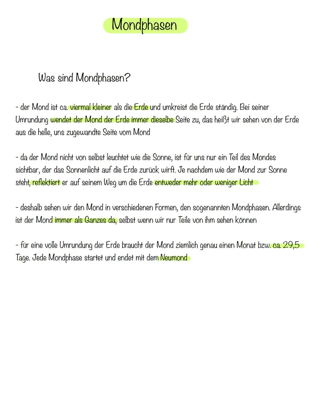 # Mondphasen

Was sind Mondphasen?

- der Mond ist ca. viermal kleiner als die Erde und umkreist die Erde ständig. Bei seiner
Umrundung wend