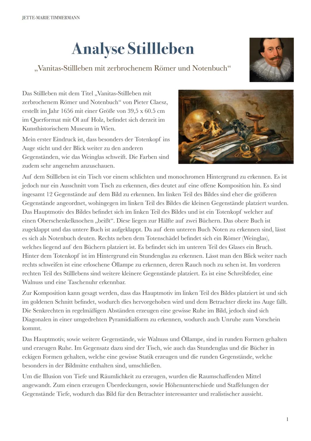 JETTE-MARIE TIMMERMANN
Analyse Stillleben
,,Vanitas-Stillleben mit zerbrochenem Römer und Notenbuch"
Das Stillleben mit dem Titel ,,Vanitas-