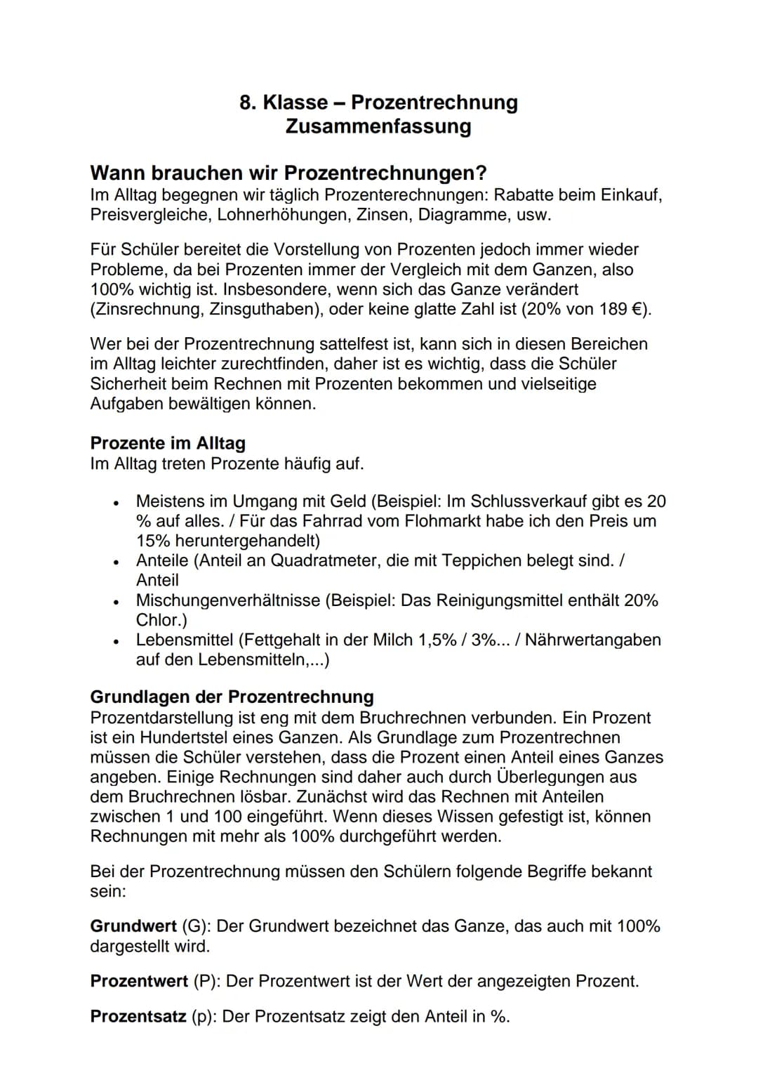 8. Klasse - Prozentrechnung
Zusammenfassung
Wann brauchen wir Prozentrechnungen?
Im Alltag begegnen wir täglich Prozenterechnungen: Rabatte 