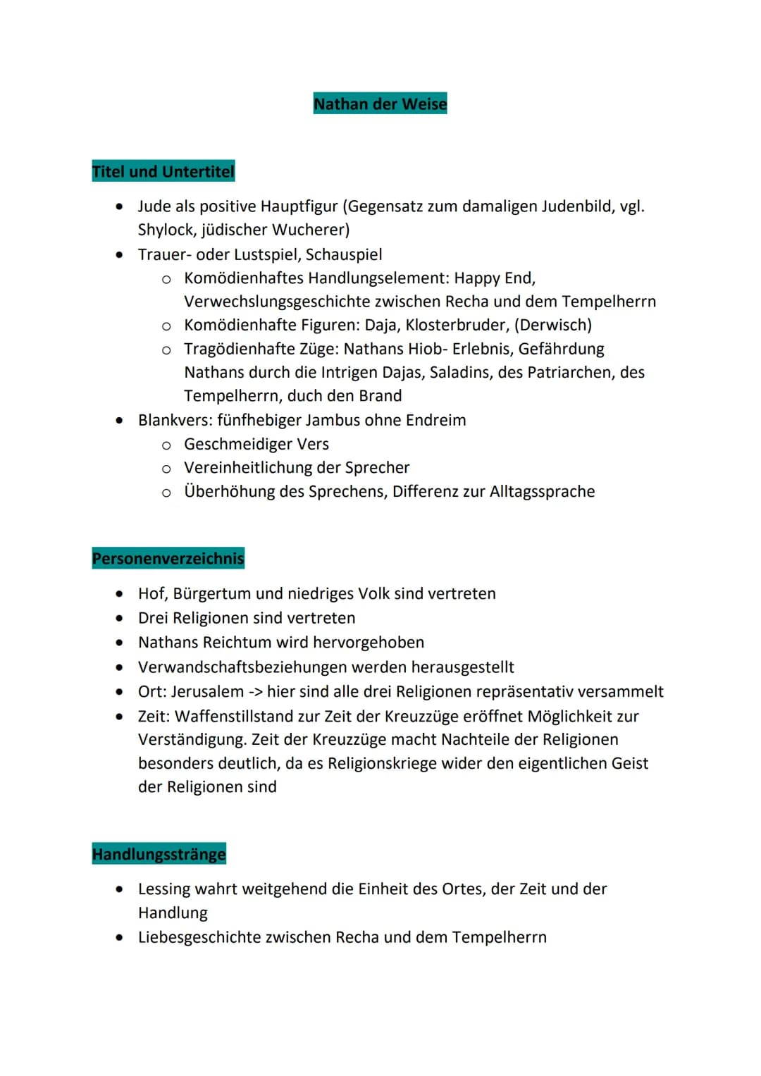 Nathan der Weise
Titel und Untertitel
• Jude als positive Hauptfigur (Gegensatz zum damaligen Judenbild, vgl.
Shylock, jüdischer Wucherer)
T