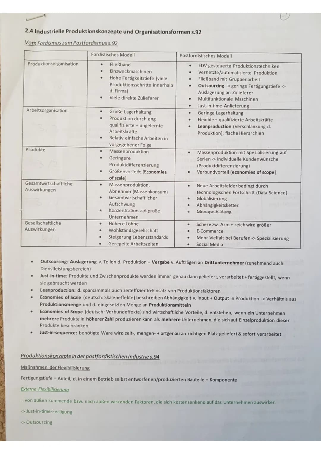 2.4 Industrielle Produktionskonzepte und Organisationsformen s.92
Vom Fordismus zum Postfordismus s.92
Produktionsorganisation
Arbeitsorgani
