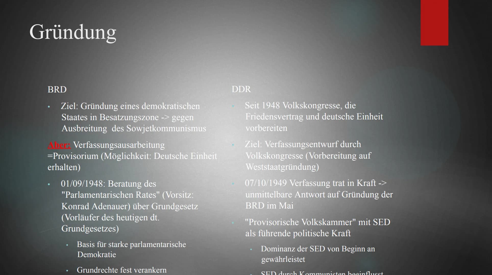 BRD vs. DDR
DEMOKRATISCHE GRUND
AMÉLIE, CHIARA UND ZOE Gründung
BRD
Ziel: Gründung eines demokratischen
Staates in Besatzungszone -> gegen
A