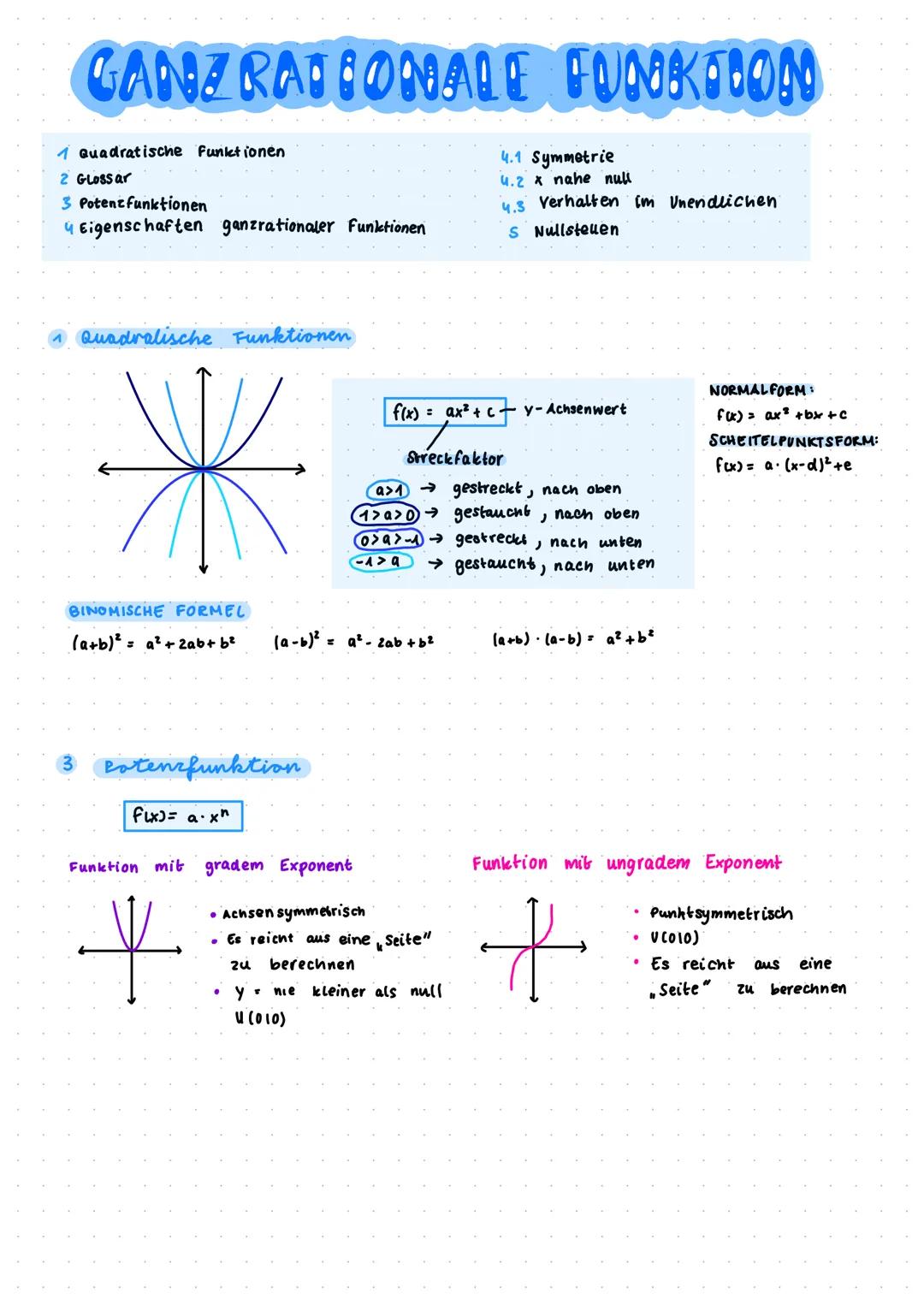 GANZ RATIONALE FUNKTION
1 Quadratische Funktionen
2 Glossar
3 Potenzfunktionen
4 Eigenschaften ganzrationaler Funktionen
Quadralische Funkti