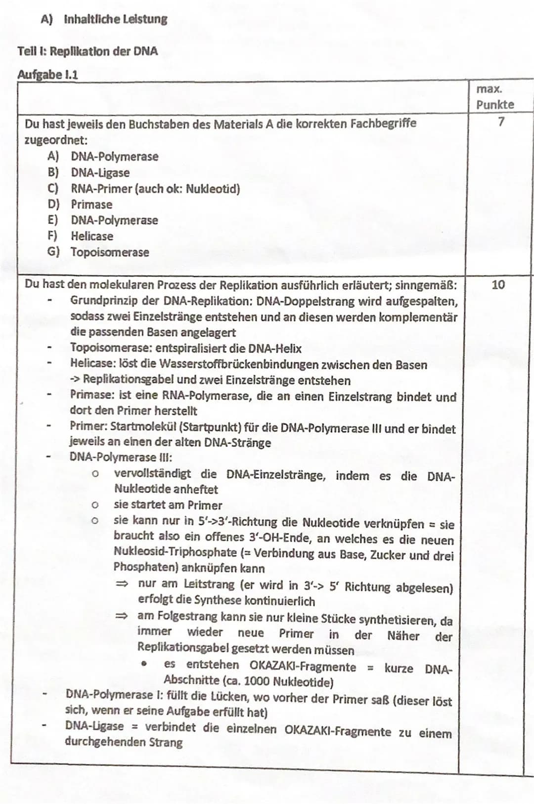 A) Inhaltliche Leistung
Tell I: Replikation der DNA
Aufgabe 1.1
Du hast jeweils den Buchstaben des Materials A die korrekten Fachbegriffe
zu