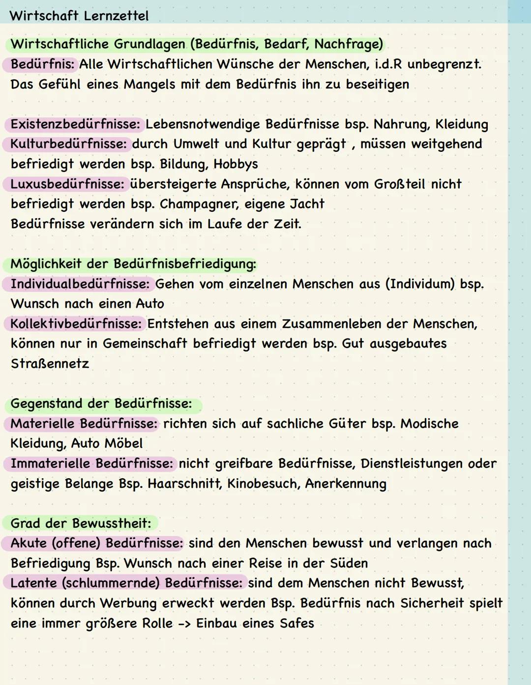 Wirtschaft Lernzettel
Wirtschaftliche Grundlagen (Bedürfnis, Bedarf, Nachfrage)
Bedürfnis: Alle Wirtschaftlichen Wünsche der Menschen, i.d.R