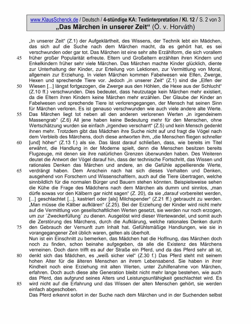 5
10
15
20
25
30
5555
35
www.KlausSchenck.de/ Deutsch / 4-stündige KA: Textinterpretation / Kl. 12 / S. 1 von 3
,,Das Märchen in unserer Zei