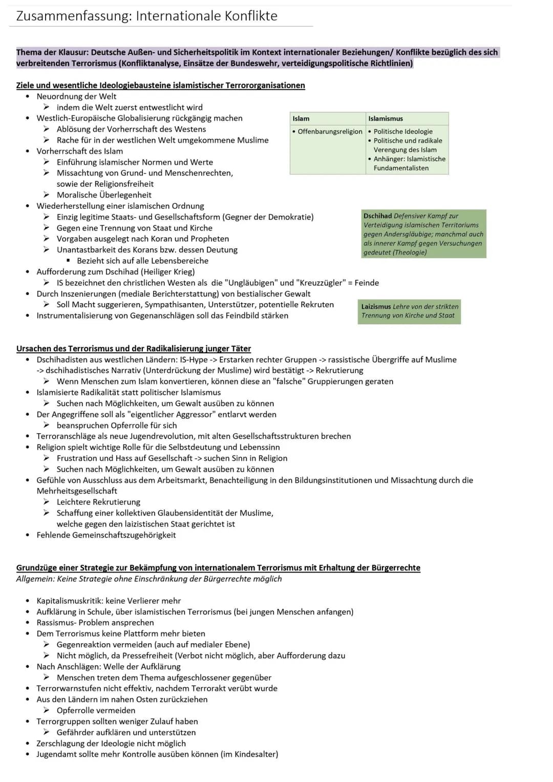 Zusammenfassung: Internationale Konflikte
Thema der Klausur: Deutsche Außen- und Sicherheitspolitik im Kontext internationaler Beziehungen/ 