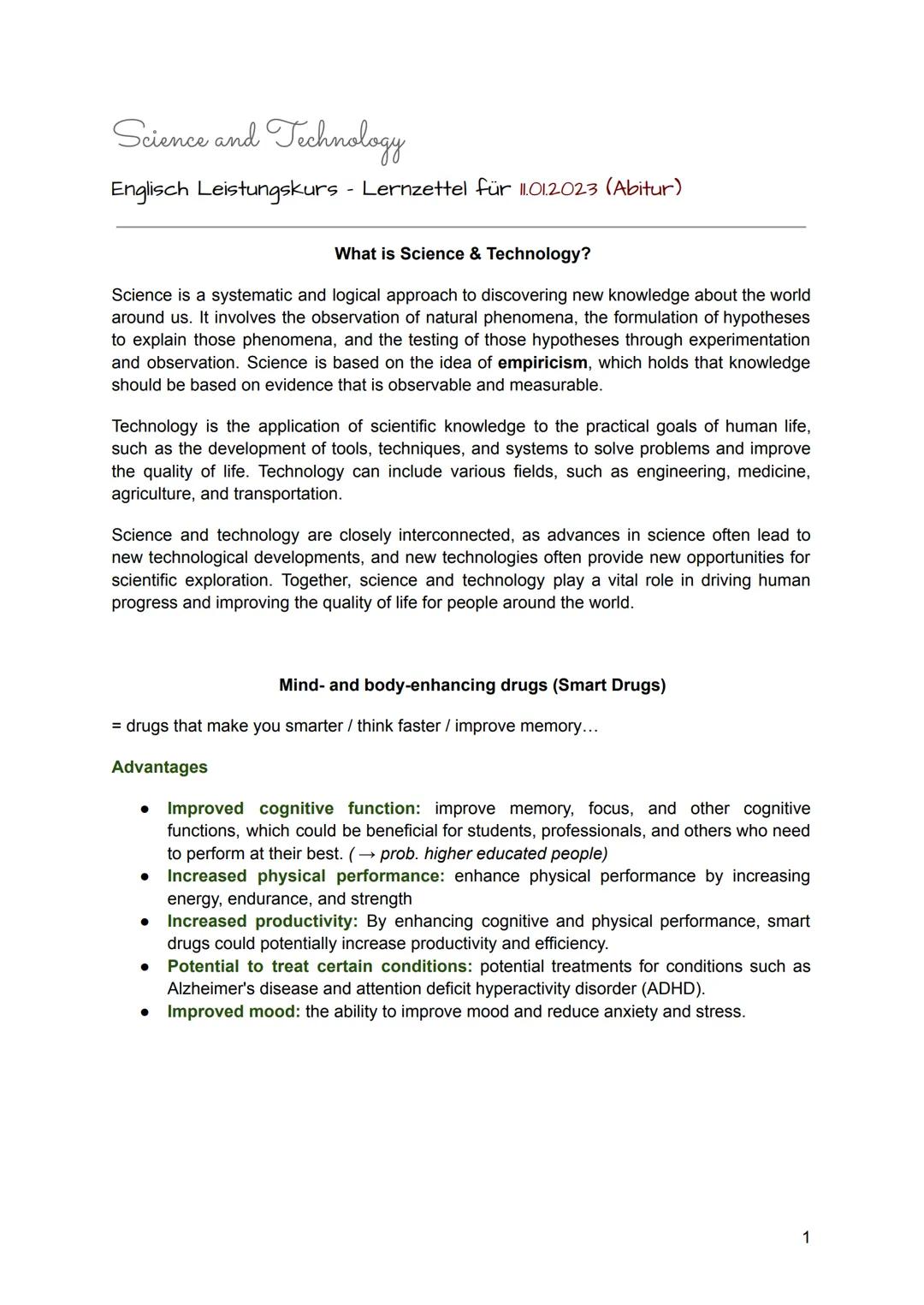 # Science and Technology

Englisch Leistungskurs - Lernzettel für 1.101.2023 (Abitur)

What is Science & Technology?

Science is a systemati