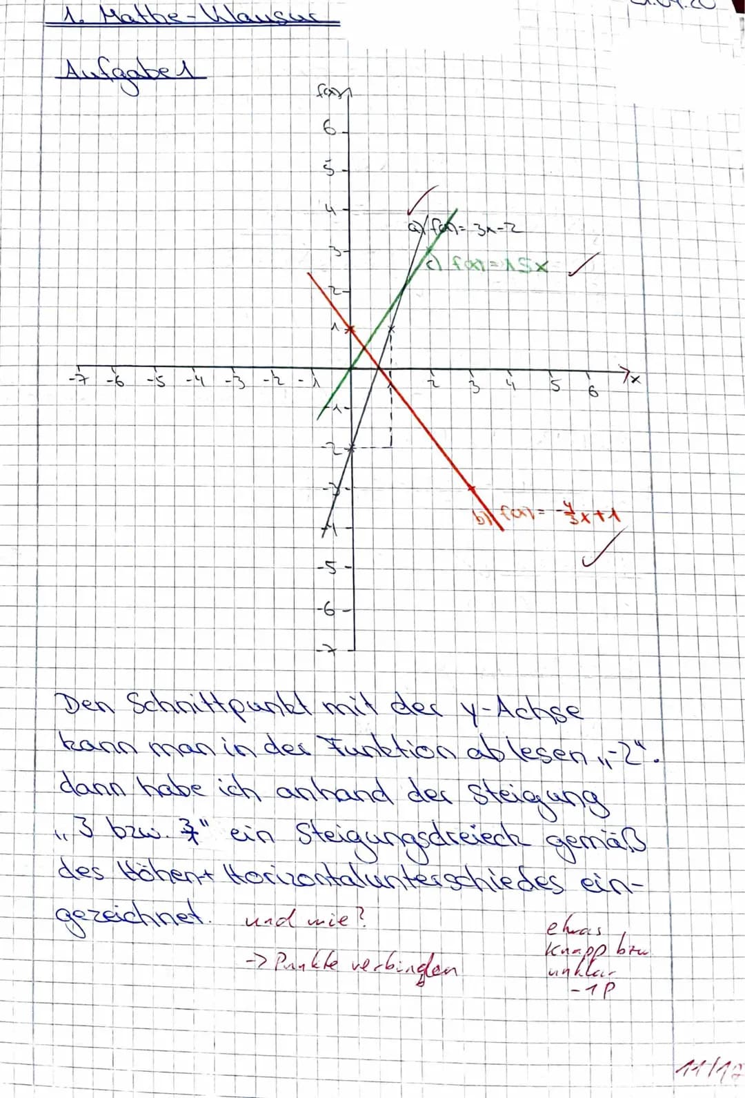 1. Mathe-Klausur
Thema: Lineare Funktionen
Beachte die Aufgabenstellung: ,,Rechnerisch“ oder „berechne" erfordert auch die Angabe einer
Bere