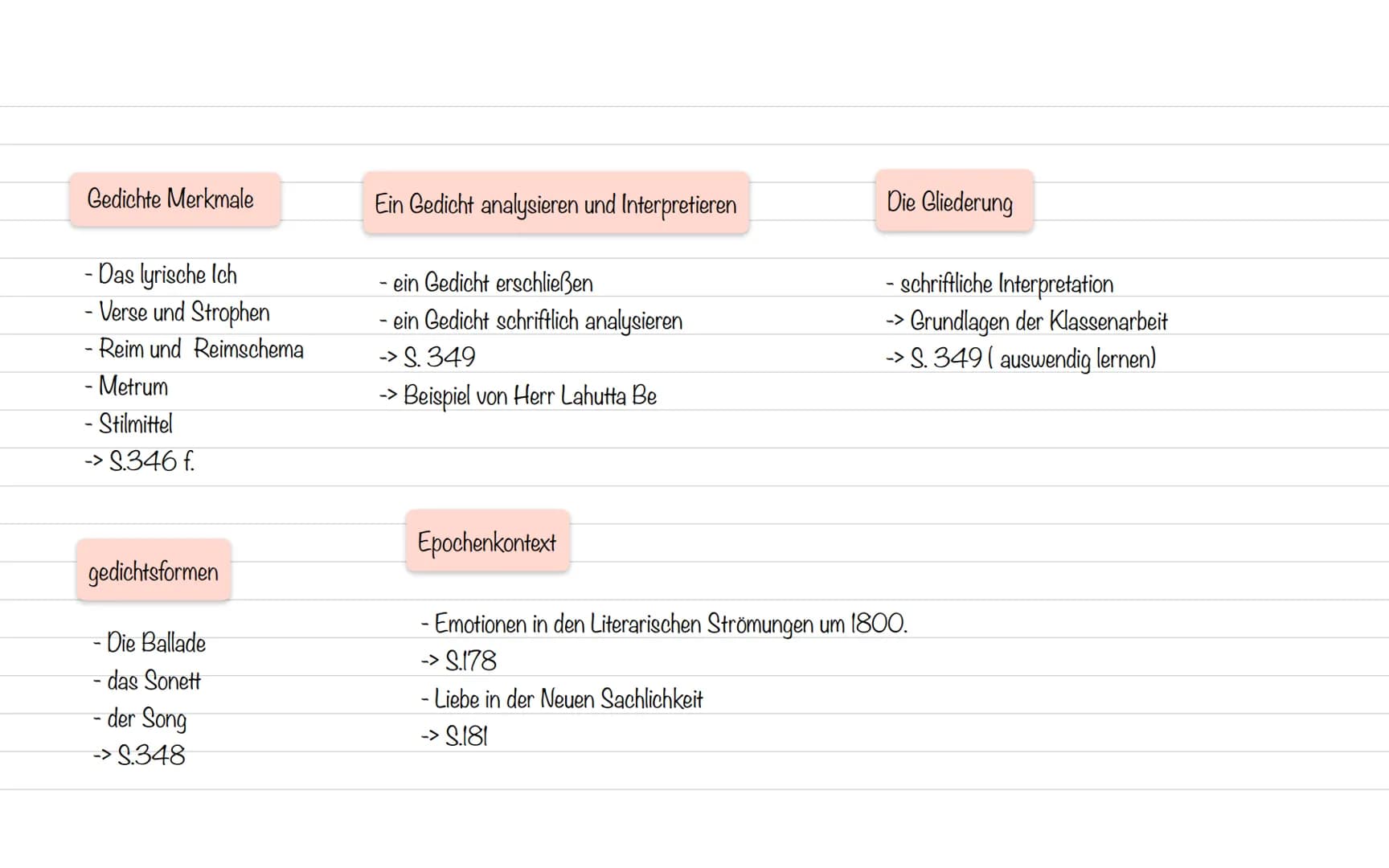  Gedichte Merkmale
- Das lyrische Ich
- Verse und Strophen
- Reim und Reimschema
- Metrum
- Stilmittel
-> S.346 f.
gedichtsformen
- Die Ball