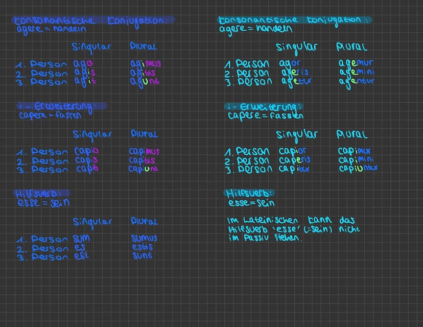 1. Aktiv: Präsens
a-conjugation:
rogare = bitten
Sinquear
1. Person rogo
2. Person rogas
3. Person rogat
e-konjugation:
monere = mannen
Sing