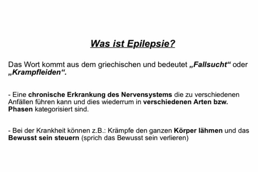 EPILEPSIE 6.
1.
5.
INHALTSVERZEICHNIS:
Definition von Epilepsie
Ursachen
Arten und Phasen
Behandlung
Erste Hilfe - Was tun bei einem Krampfa