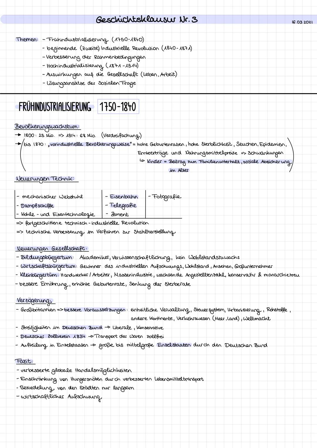 Themen: Frühindustrialisierung (1760-1840)
Geschichtsklausur Nr. 3
- beginnende (zweite) Industrielle Revolution (1840-1871)
- Verbesserung 