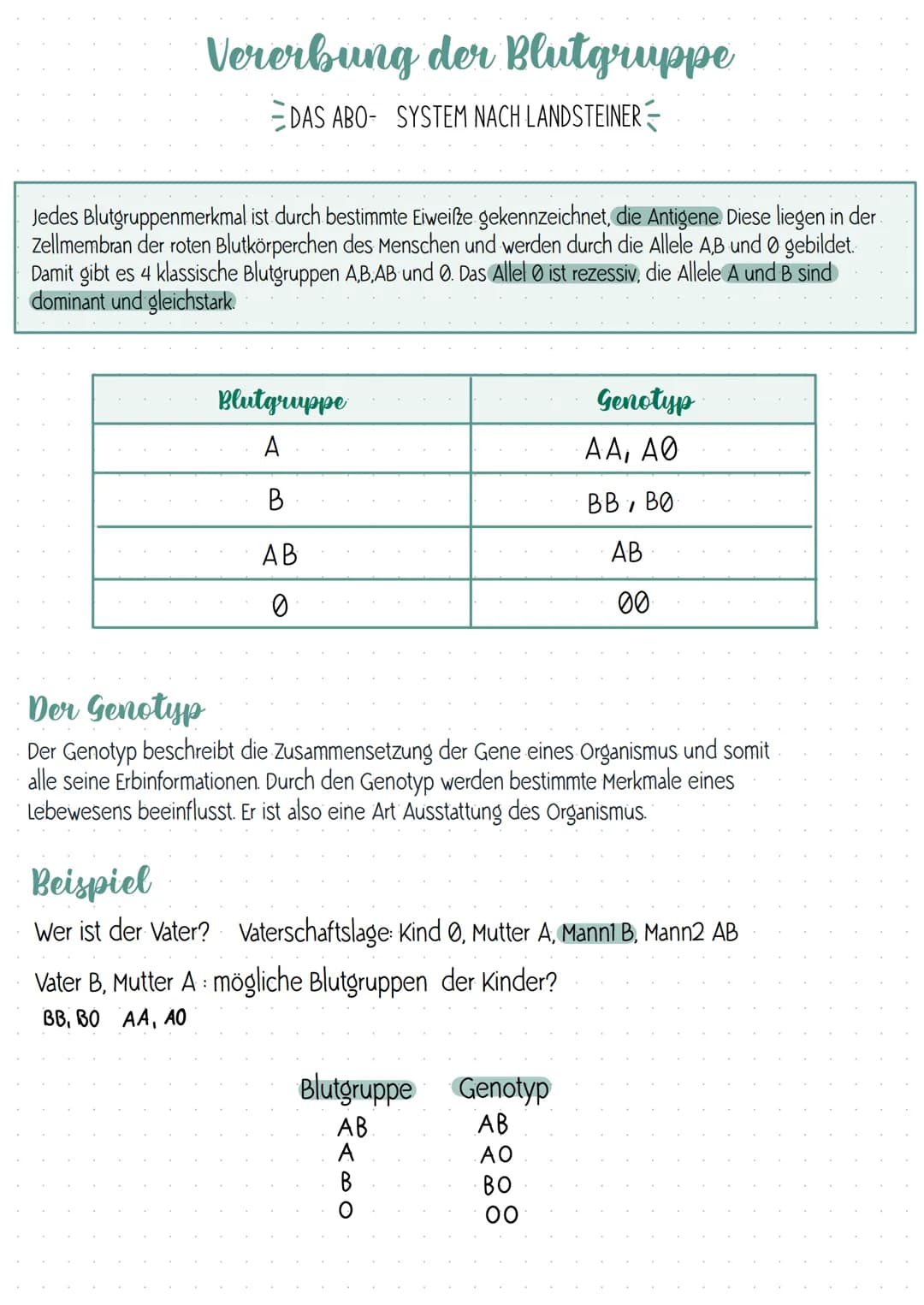 Vererbung der Blutgruppe
DAS ABO- SYSTEM NACH LANDSTEINER
Jedes Blutgruppenmerkmal ist durch bestimmte Eiweiße gekennzeichnet, die Antigene.