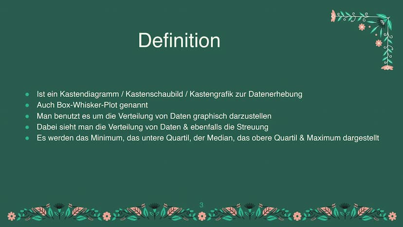 Boxplots
Eine Präsentation von Victoria & Charlotte
1 Definition
Erklärung
Vergleich
Zusammenfassung
Quellen
Gliederung
2 Ist ein Kastendiag