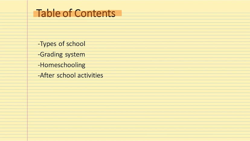 The
American School System Table of Contents
-Types of school
-Grading system
-Homeschooling
-After school activities Types of School
1. Nur