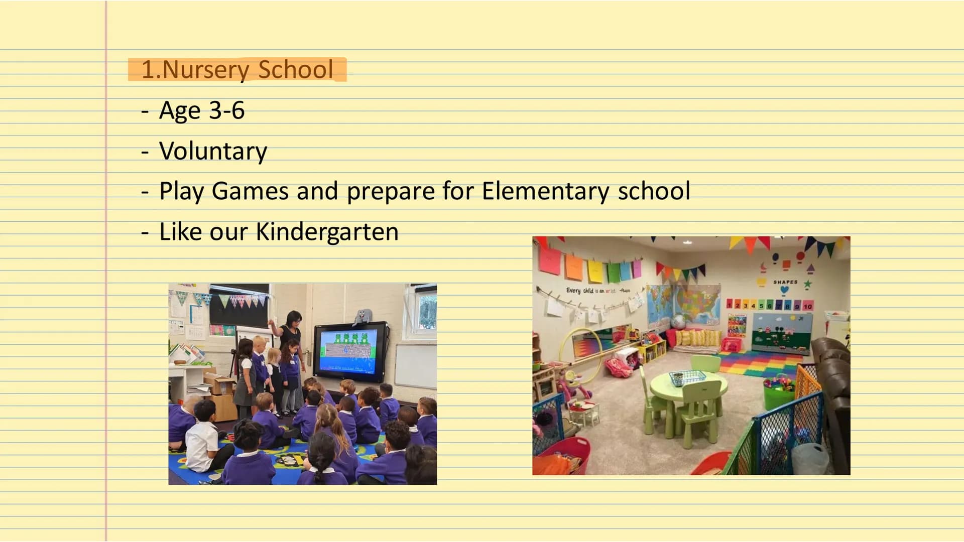 The
American School System Table of Contents
-Types of school
-Grading system
-Homeschooling
-After school activities Types of School
1. Nur