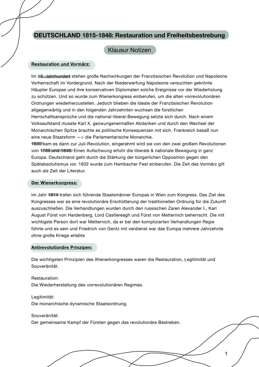 DEUTSCHLAND 1815-1848: Restauration und Freiheitsbestrebung
Restauration und Vormärz:
Im 19. Jahrhundert stehen große Nachwirkungen der Fran