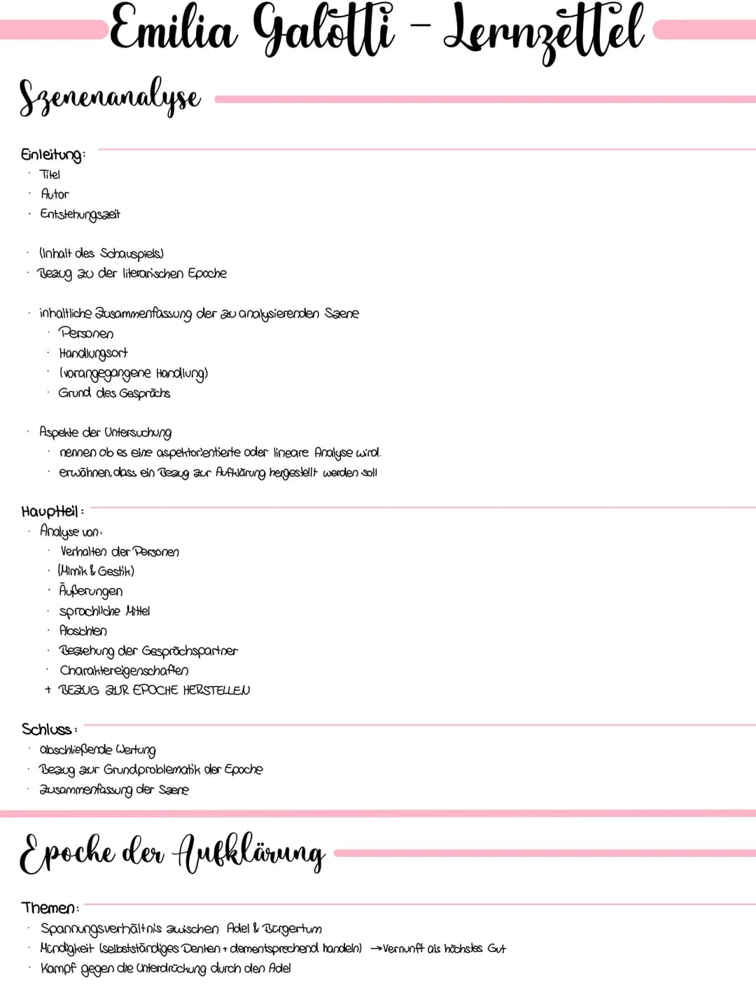 Szenenanalyse
Einleitung:
Titel
· Autor
• Entstehungszeit
Emilia Galetti - Lernzettel
(Inhalt des Schauspiels)
Bezug zu der literarischen Ep