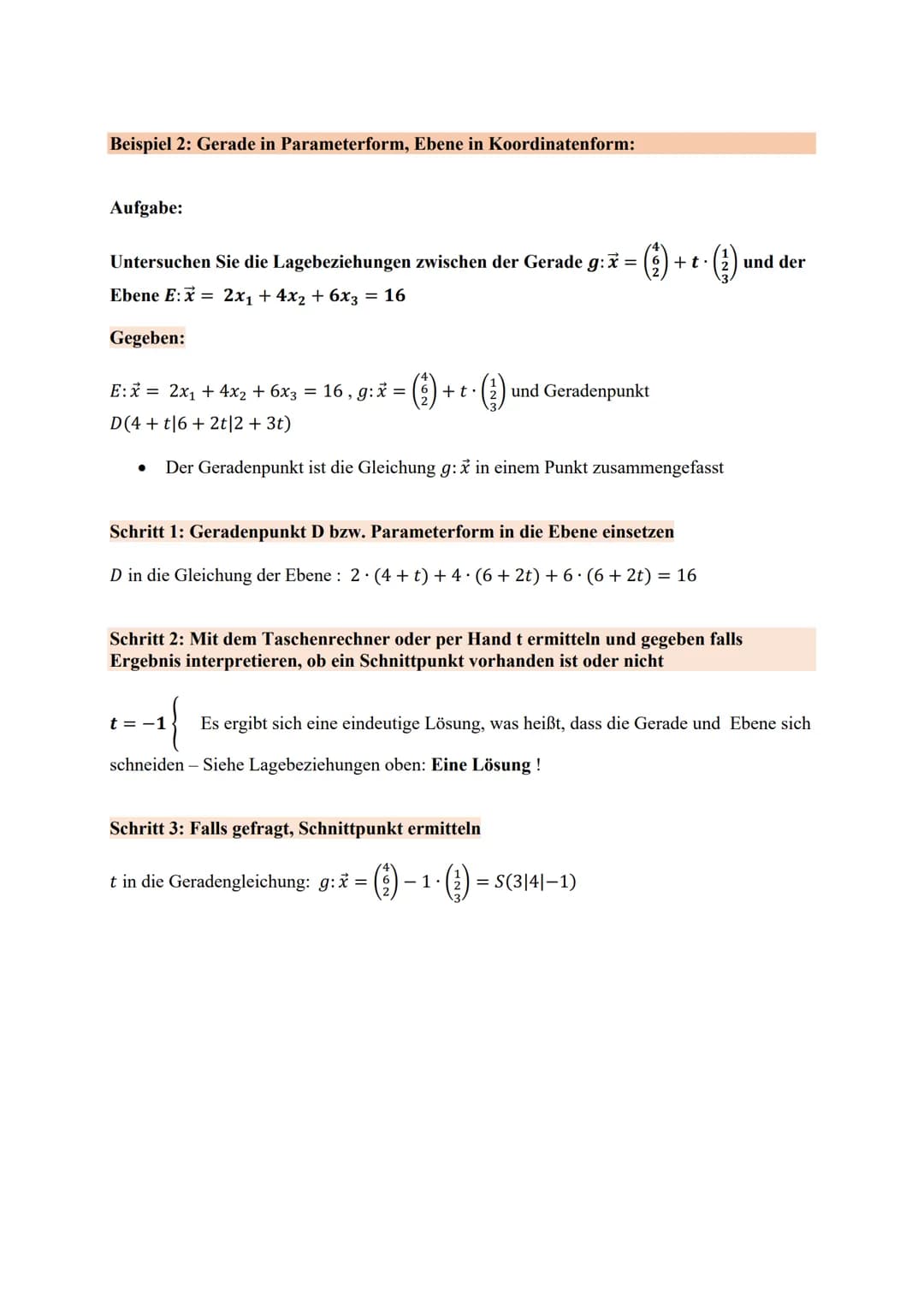 Bei der Lage von einer Gerade g zu einer Ebene E unterscheidet man grundsätzlich 3 Fälle,
die im Bezug zur Lage auftreten können:
1 Fall:
Di