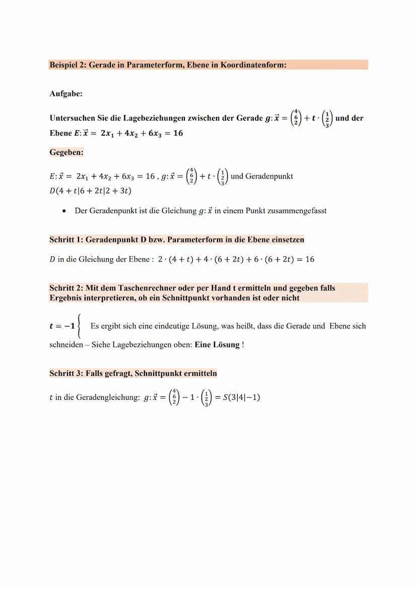 Bei der Lage von einer Gerade g zu einer Ebene E unterscheidet man grundsätzlich 3 Fälle,
die im Bezug zur Lage auftreten können:
1 Fall:
Di