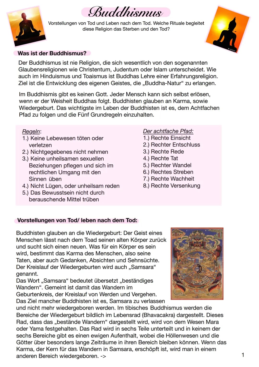 
<h2 id="vorstellungenvontodundlebennachdemtod">Vorstellungen von Tod und Leben nach dem Tod</h2>
<p>Die Vorstellungen im Buddhismus bezügli