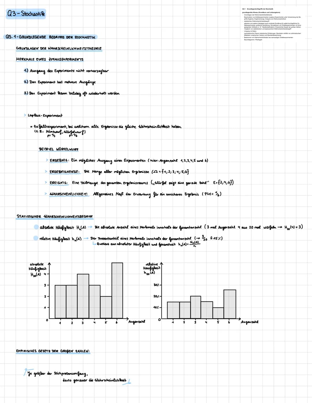 Q3-Stochastik
Q3.1-GRUNDLEGENDE BEGRITTE DER STOCHASTIK
GRUNDLAGEN DER WAHRSCHEINLICHKEITSTHEORIE
MERKMALE EWES ZUFALLS EXPERIMENTS
1.) Ausg