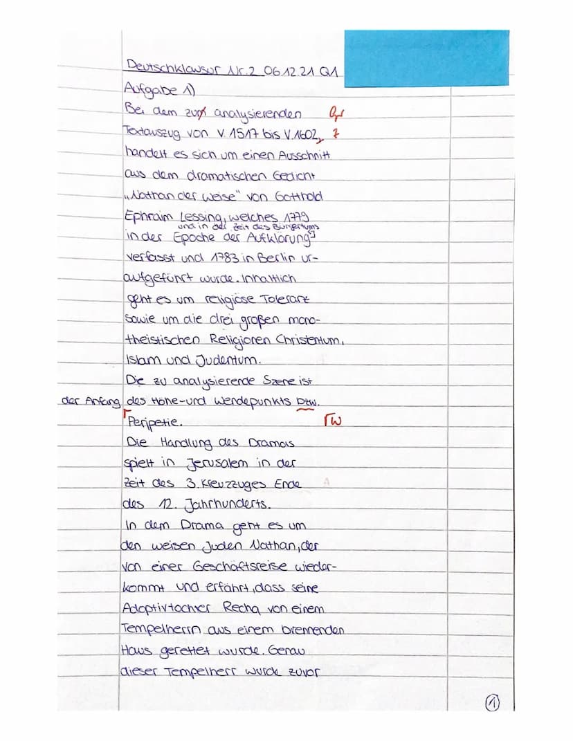 Thema der Unterrichtsreihe:
Gotthold Ephraim Lessing: Nathan der Weise
Aufgabenart:
Analyse eines literarischen Textes mit weiterführendem S