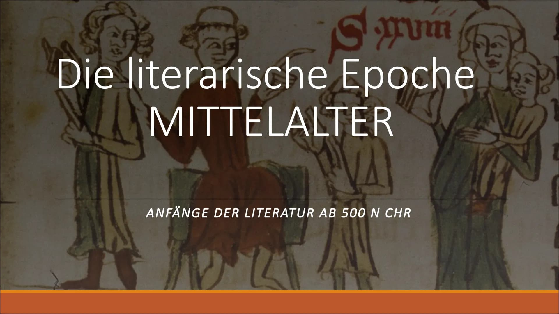yum
Die literarische Epoche
MITTELALTER
ANFÄNGE DER LITERATUR AB 500 N CHR
CORTA 1. Das Frühmittelalter
-Althochdeutsche Literatur
Gliederun