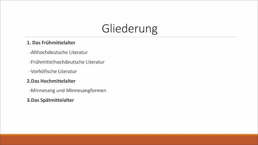 yum
Die literarische Epoche
MITTELALTER
ANFÄNGE DER LITERATUR AB 500 N CHR
CORTA 1. Das Frühmittelalter
-Althochdeutsche Literatur
Gliederun