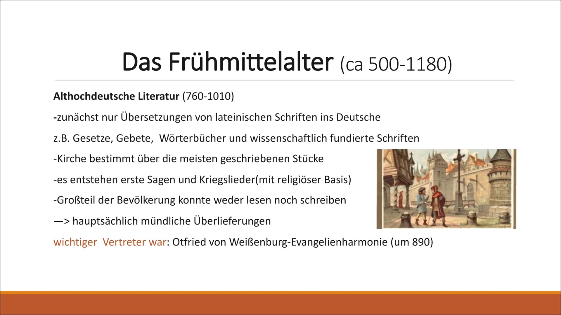 yum
Die literarische Epoche
MITTELALTER
ANFÄNGE DER LITERATUR AB 500 N CHR
CORTA 1. Das Frühmittelalter
-Althochdeutsche Literatur
Gliederun