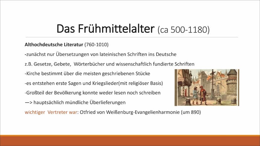 yum
Die literarische Epoche
MITTELALTER
ANFÄNGE DER LITERATUR AB 500 N CHR
CORTA 1. Das Frühmittelalter
-Althochdeutsche Literatur
Gliederun
