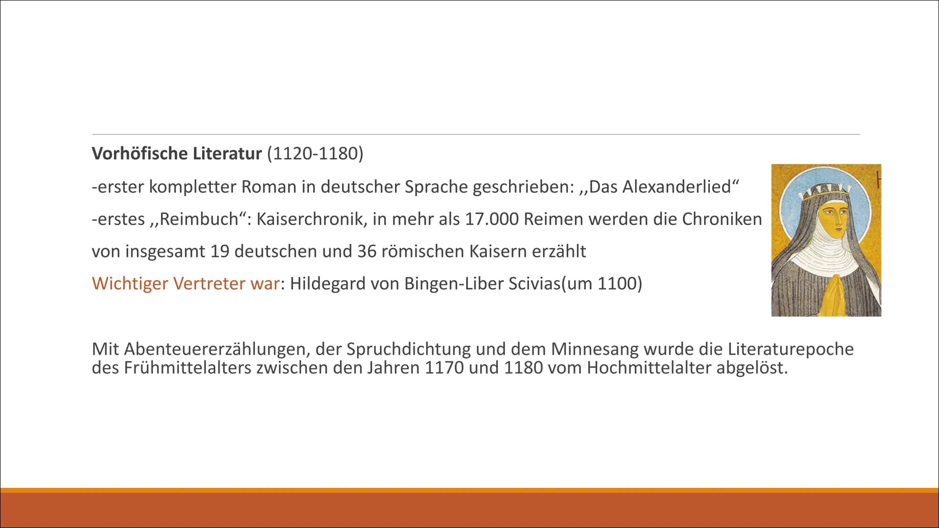 yum
Die literarische Epoche
MITTELALTER
ANFÄNGE DER LITERATUR AB 500 N CHR
CORTA 1. Das Frühmittelalter
-Althochdeutsche Literatur
Gliederun