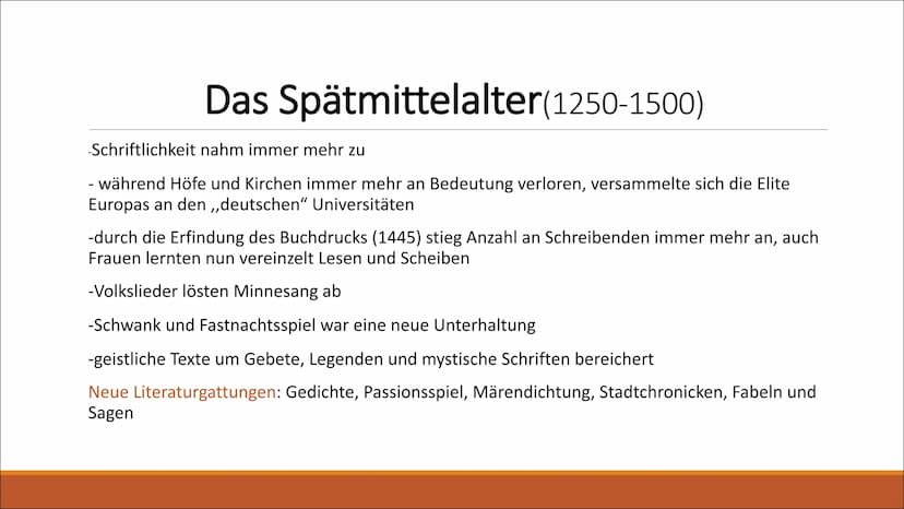 yum
Die literarische Epoche
MITTELALTER
ANFÄNGE DER LITERATUR AB 500 N CHR
CORTA 1. Das Frühmittelalter
-Althochdeutsche Literatur
Gliederun