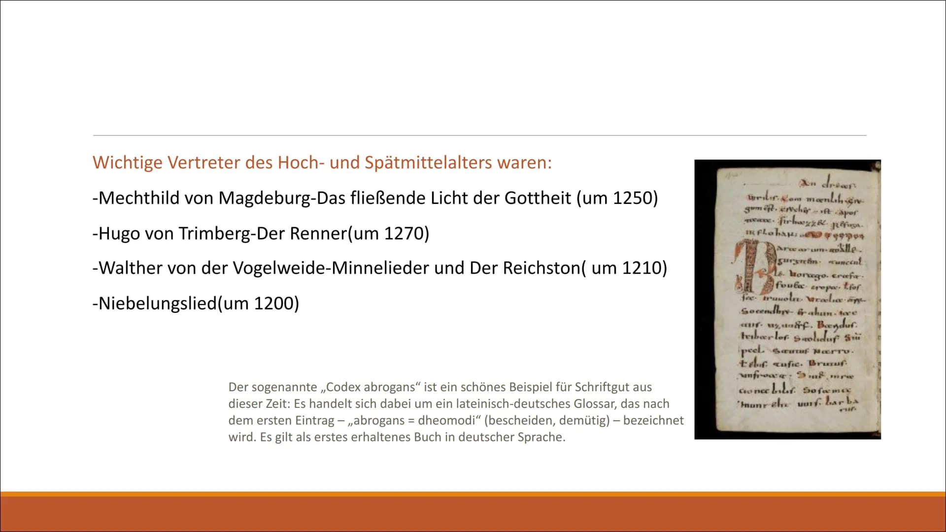 yum
Die literarische Epoche
MITTELALTER
ANFÄNGE DER LITERATUR AB 500 N CHR
CORTA 1. Das Frühmittelalter
-Althochdeutsche Literatur
Gliederun