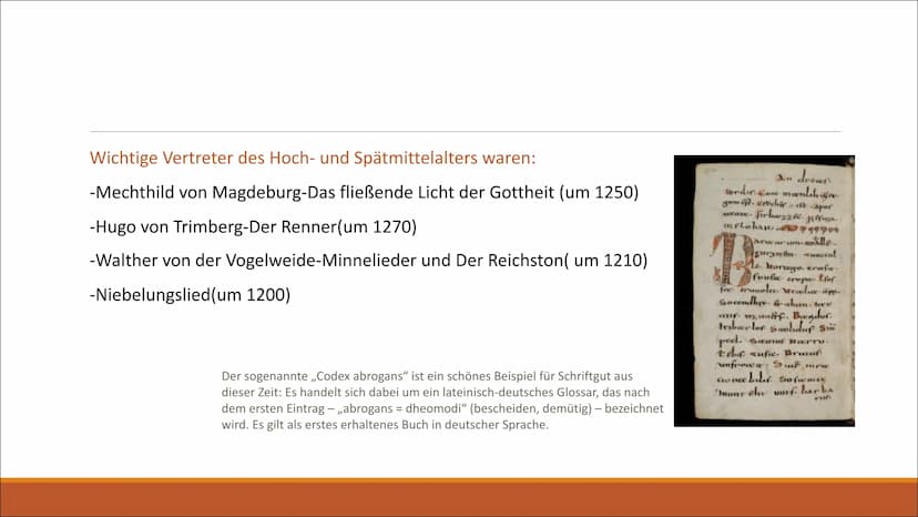 yum
Die literarische Epoche
MITTELALTER
ANFÄNGE DER LITERATUR AB 500 N CHR
CORTA 1. Das Frühmittelalter
-Althochdeutsche Literatur
Gliederun