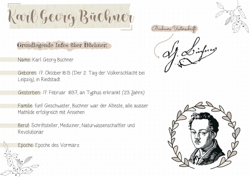 Karl Georg Büchner
Grundlegende Infos über Büchner:
Name: Karl Georg Büchner
Geboren: 17. Oktober 18 13 (Der 2. Tag der Völkerschlacht bei
