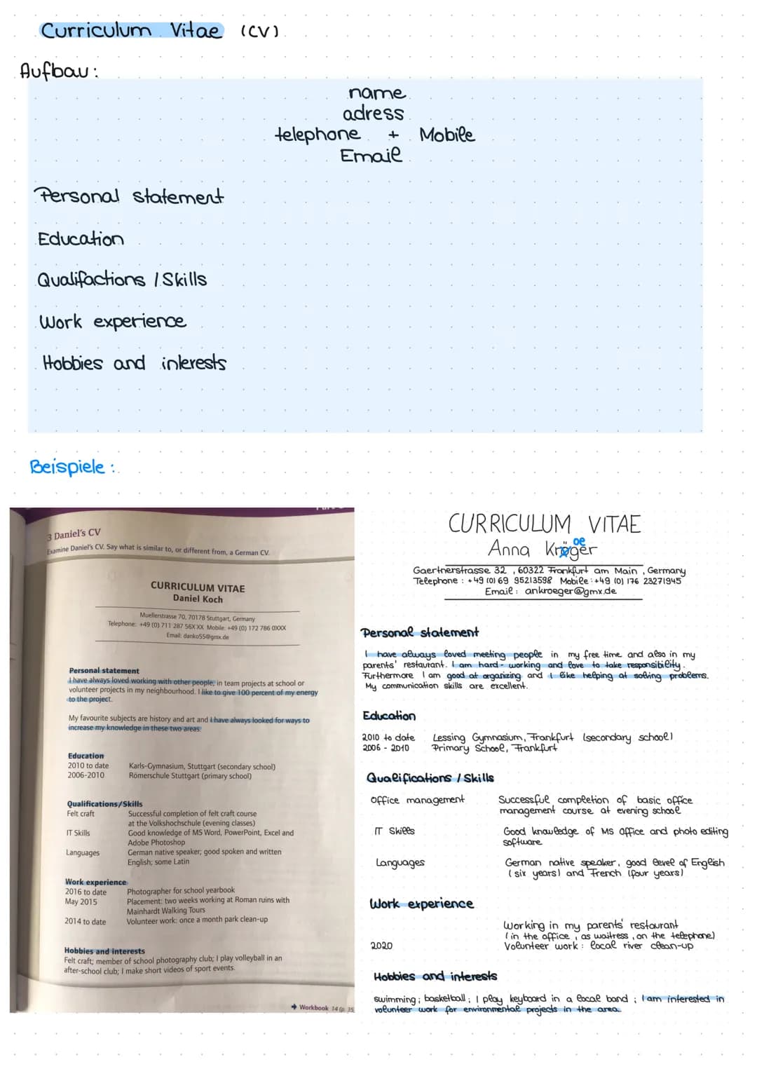Curriculum Vitae (CV)
Aufbau:
Personal statement
Education
Qualifactions /Skills
Work experience
Hobbies and interests
Beispiele.
3 Daniel's