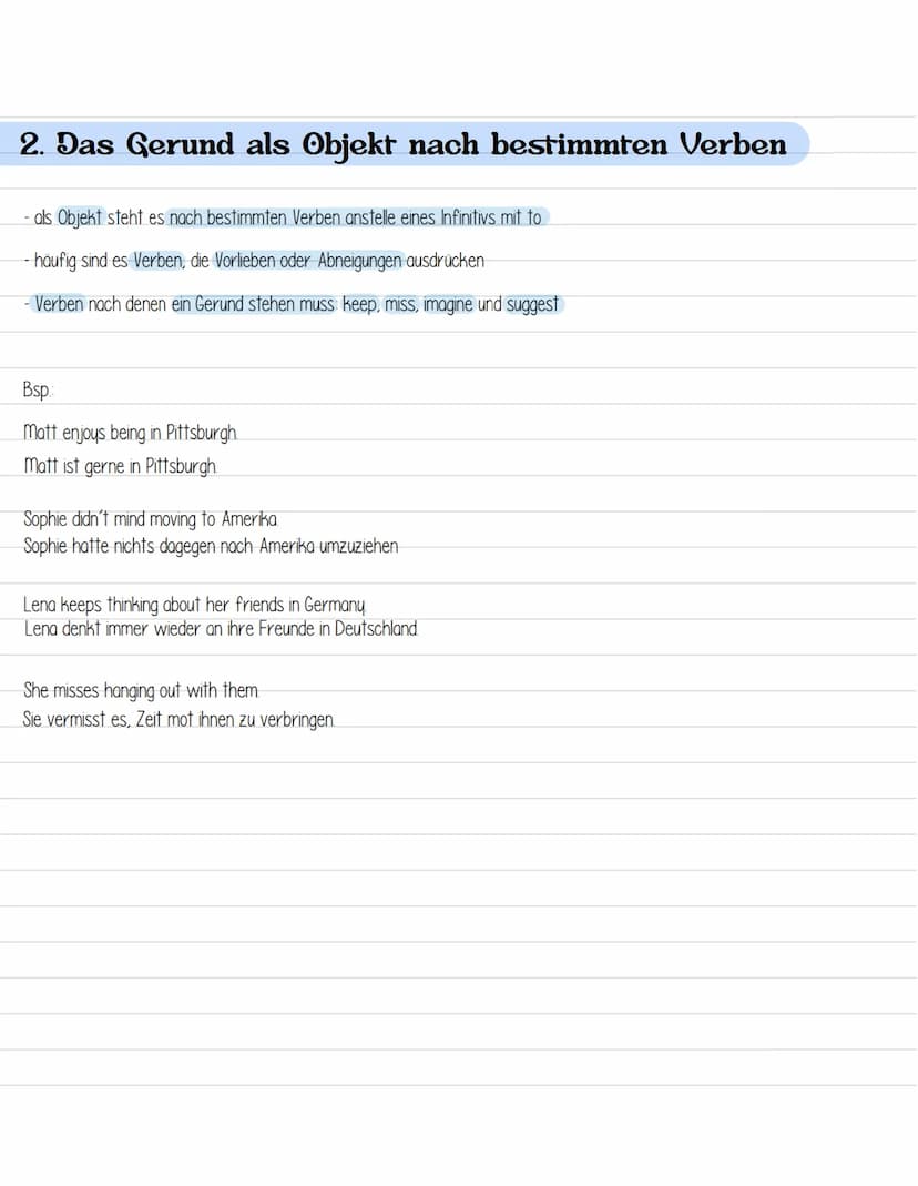 Gerund
Das Gerund (Verb-ing) ist eine Verbform, die es im Deutschen nicht gibt. Im Satz kann es verschiedene Funktionen haben.
Es wird folge
