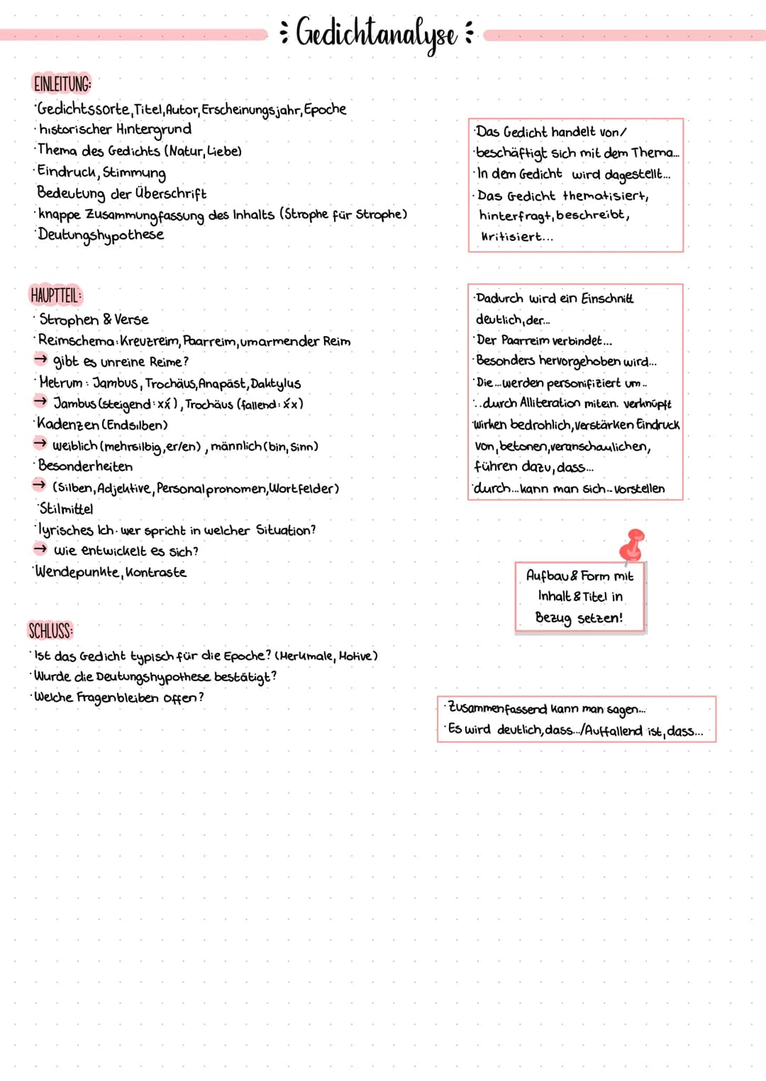 : Gedichtanalyse &
EINLEITUNG:
Gedichtssorte, Titel, Autor, Erscheinungsjahr, Epoche
historischer Hintergrund
Thema des Gedichts (Natur, Lie