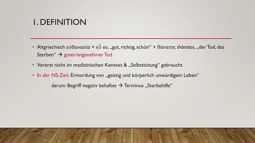 WAS IST EUTHANASIE? EUTHANASIE
ALICIA & NICO
FOKUS NS-ZEIT GLIEDERUNG
●
●
●
●
I. Definition
2. Geschichte
3. Ablauf
4. Fallbeispiel
5. Melde